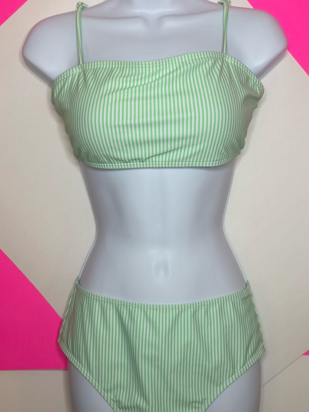 Green & White Striped High Waisted Bikini Set Size Medium